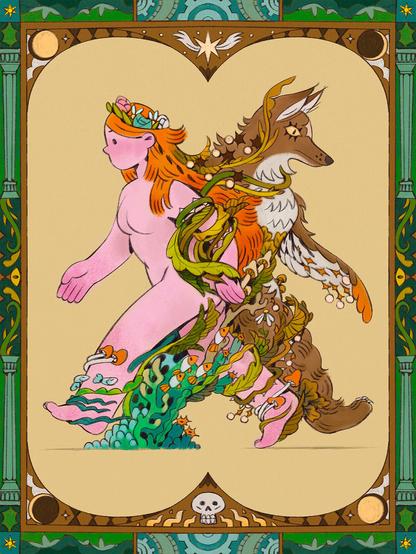 By Ioana Sopov, a stylized illustration of two figures walking in opposite directions and intersecting in various points. One figure is female presenting, naked with a crown of flowers on her head of read hair. The other is an amalgamation of animal, plant and sea life that seems to have been assembled intro an anthropomorphic character. There is an illustrated frame around the figures depicting various elements from the human and natural world.