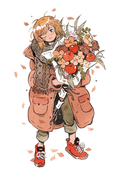 By Natalia, the portrait of a white person with red hair. They are wearing an heavy coat and a scarf, while holding a bouquet made of orange flowers, what seems to be apples, and pumpkin-looking fruits. Autumn leaves fall around them.