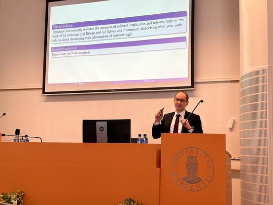 Tore Øgaard presenting his PhD Trial Lecture on relevant logic