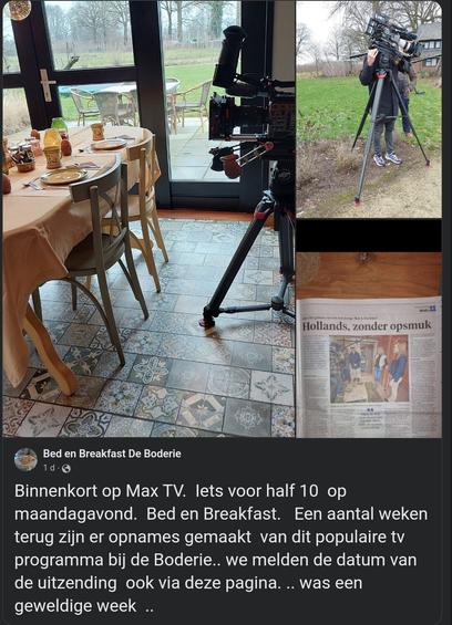 Screenshot van de facebookpagina van bed en breakfast De Boderie.