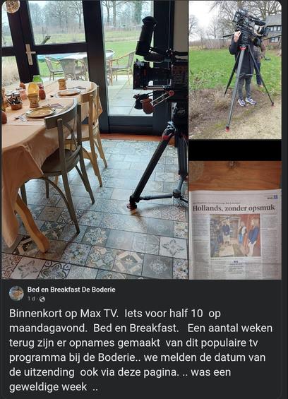 Screenshot van de facebookpagina van bed en breakfast De Boderie.
