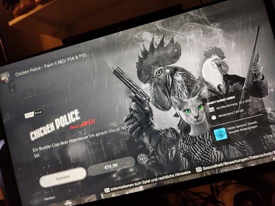 Das Bild zeigt Das Videospiel Chicken Police (Ein Noir Spiel mit Tieren als Hauptcharakteren)