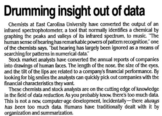 Description of chemists using sonification to gain insight from data and stock market traders using Chernoff faces visualizations to do the same.