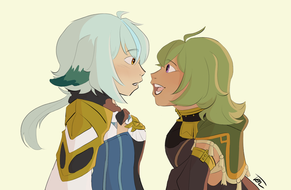 A digital drawing of Sucrose and Collei from Genshin Impact in profile view. Collei (right) is looking up at Sucrose excitedly with an open mouthed smile and Sucrose is looking back at her with a look of surprise and a blush on her face.