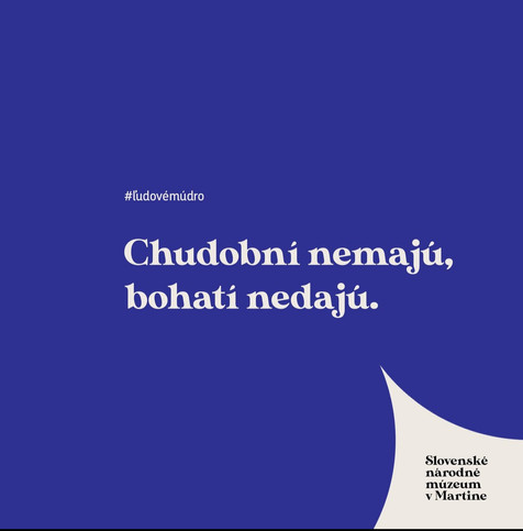 "The poor don't have, the rich won't give" written in white letters on a blue background.