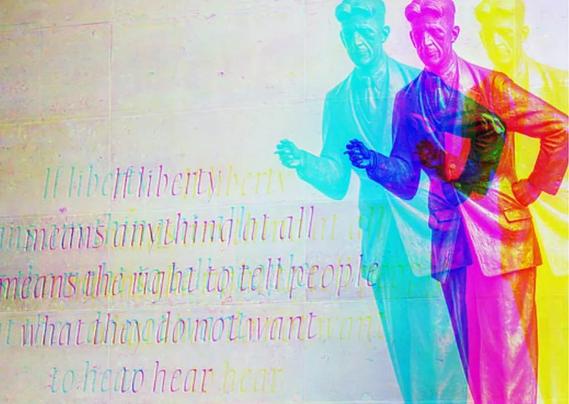 The Orwell statue at the BBC in on the right. It has been put through a filter that splits the colours. The wall the statue is in front of has an engraving of the quote If liberty means anything at all, it means the right to tell people what they do not want to hear"
