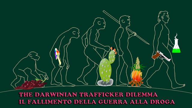 nell'immagine l'evoluzione dalla scimmia all'homo sapiens, con delle sostanze stupefacenti e armi a seconda delle diverse epoche: si allude alla legge di mercato darwiniana secondo cui, arrestando alcuni spacciatori, si favorirebbe la formazione di monopoli e oligopoli criminali