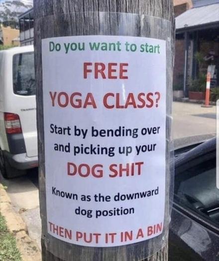A poster on a post asking people to pick up their dog poop.