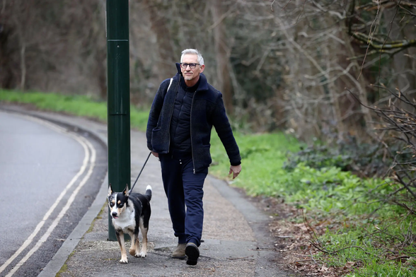 Gary Lineker walking his dog on Sunday, March 12, 2023.