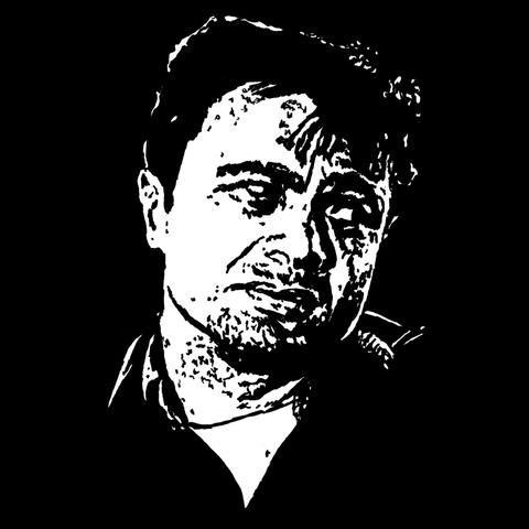 Pen drawing of Robert Blake with a smug look on his face drawn on a black background.