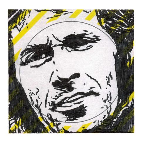 Pen drawing of H.B. Halicki looking stern drawn on a yellow striped Post-It Note.