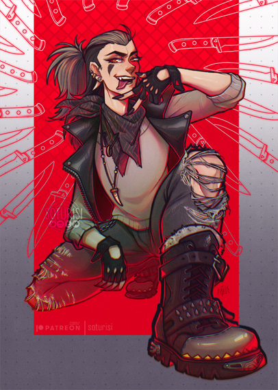 badass androgynous chracter on a strong red background surrounded by knives