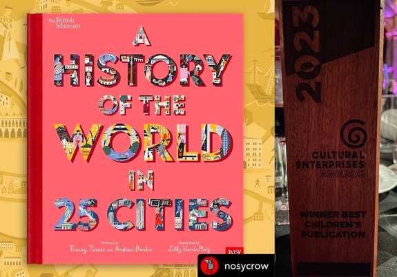 Bright pink book cover of my book A History of the World in 25 Cities next to the award it’s just won. I thank you. X