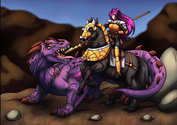 Riding a horse, Kai'sa from K/DA fights a purple dragon in a mediveval setting