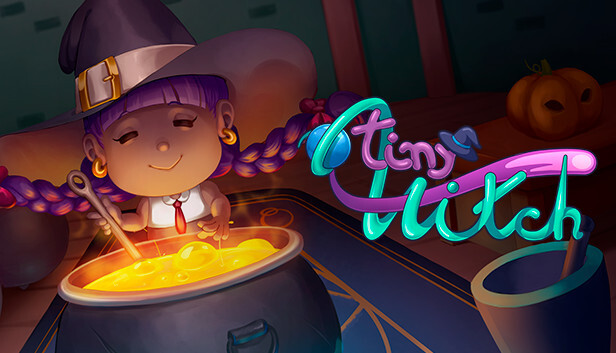 Cover image of the game "Tiny Witch" featuring a witch preparing a potion with a cauldron.