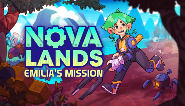 Cover image of the game "Nova Lands: Emilia's Mission" featuring a green haired astronaut exploring an alien place.