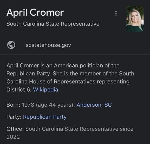Rep. April Cromer 

GOP; represents SC District 6; age 44; elected 2022.