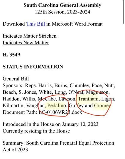 Status information, including the 21 sponsors, of the South Carolina Prenatal Equal Protection Act of 2023 (death penalty bill)

Link with post