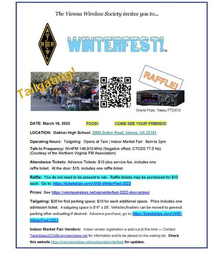 Location: Oakton High School, 2900 Sutton Road, Vienna, VA 22181
Operating hours:
Tailgating: opens at 7am
Indoor market fair: 8am to 2pm
Talk-in frequency: NV4FM 146.910MHz Negative offset, CTSS 77.0Hz