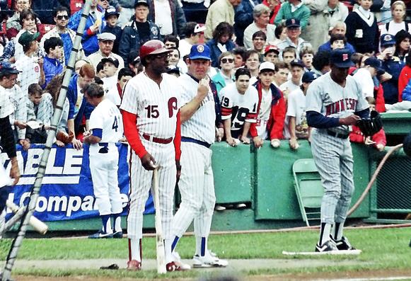 Former Phillies and White Sox legend 1B Dick Allen, former Brewers legend 3B Don Money and Hall of Fame member former Twins OF Tony Oliva at Fenway Park for Old Timers Day in May 1990.