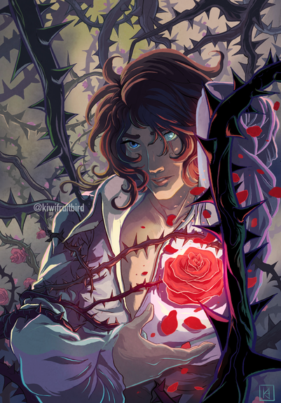 Illustration of Andre Grandier encircled by thorny vines, with a glowing rose clutched in front of his chest