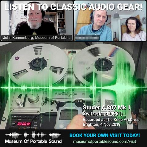 A collage of multiple images: at the top, two screenshots from a Zoom meeting online. On the left is our Director, wearing headphones. On the right is a married white couple, a bald man wearing headphones and a woman with shoulder-length brown hair wearing earbuds. Below the screenshots, a photo of a large reel to reel tape machine with one of its reels spinning. A hand in the foreground holds a digital audio recorder to capture the sound of the reels spinning. A waveform image of the sound of the recording is superimposed over it, glowing green.