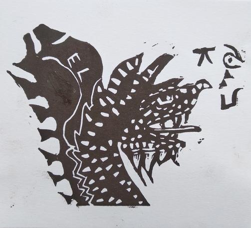 Linocut print of a dragon head, in sepia, looking a little flustered on letters from different languages floating before his eyes