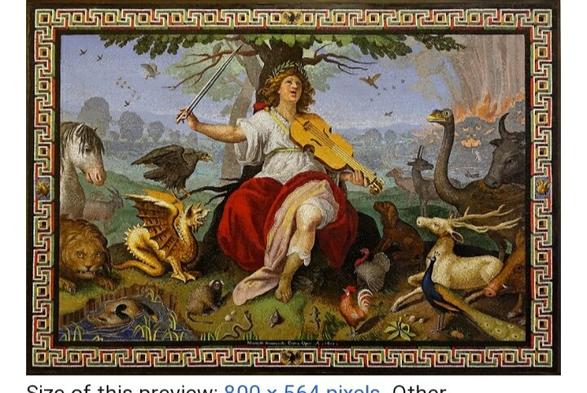 Provenzale mosaic, Orfeo under tree, playing some violin(?) with animals gathered and listening: small golden dragon, monkey, turkey, eagle, horse, duck, lion, snake, snail, deer, cow, all mesmerised.