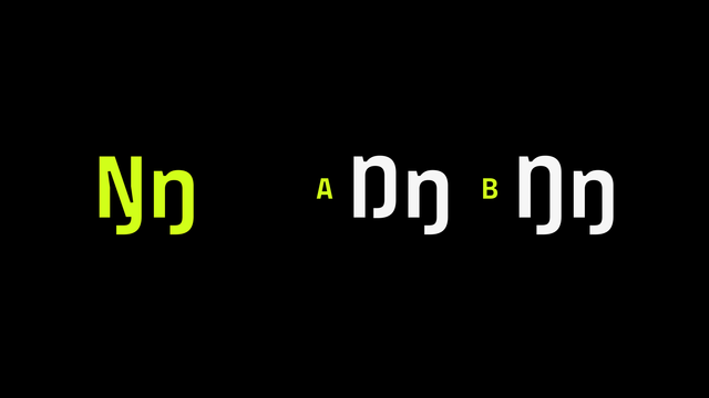 Three different options for the construction of the uppercase letter Ŋ:  on the left, for reference, is the form based on the uppercase Latin N, which is used in Saami languages; on the right, marked ‘A’ is the form based on the Latin lowercase n, and marked ‘B’ is the same form with a descending tail.