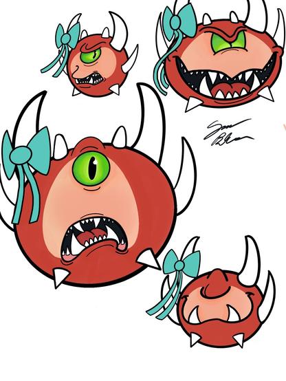 A series of 4 cacodemons from the Doom game series. Each has a different facial expression and a blue bow tied to one horn.