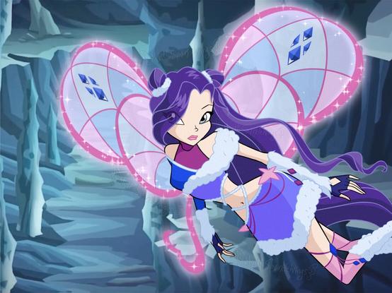 Digital art in the Winx Club style, of a “Lovix” fairy with purple hair flying through an icy cavern.