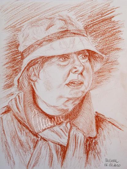 Portrait of a middle-aged lady wearing a hat and a scarf around her neck. She has a perplexed expression on her face and seems to ask "Come again?". Sketch in sanguine charcoal on paper.