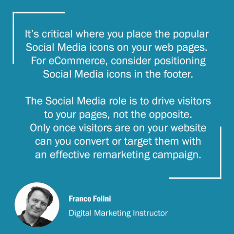 It’s critical where you place the popular Social Media icons on your web pages. For eCommerce, consider positioning Social Media icons in the footer.

The Social Media role is to drive visitors to your pages, not the opposite. Only once visitors are on your website can you convert or target them with an effective remarketing campaign.