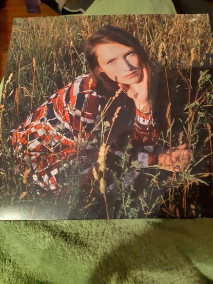Ein Plattencover liegt auf einer grünen Decke. Es zeigt eine junge Frau, die in einer Sommerwiese hockt und mit aufgestützem Kinn ernst in die Kamera schaut.