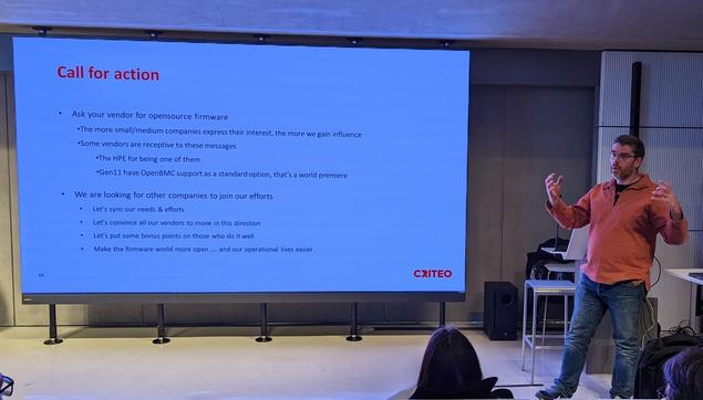 Erwan Velu and a slide:
"Call for action: ask your vendors for open-source firmware and join the efforts"