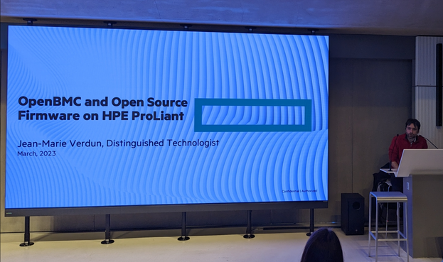 Jean-Marie Verdun and the opening slide:
"OpenBMC and Open Source Firmware on HPE ProLiant"