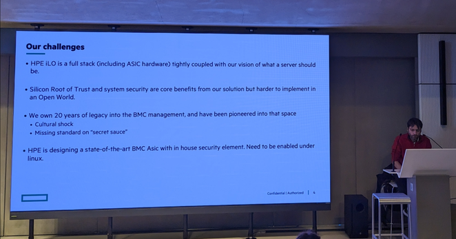 Jean-Marie Verdun presenting HPE's challenges to support OpenBMC