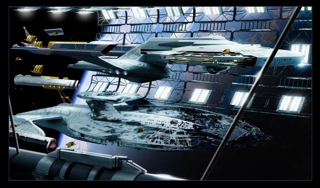 Digital painting of the Luna class Titan and the neo Constitution class Titan in space stock