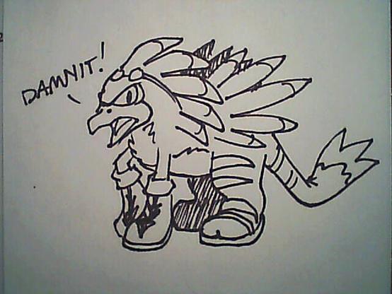 Jet the Hawk, except his arms are replaced with his legs, and his whole backside has been swapped with Big the Cat's legs and tail. He says, "DAMNIT!"