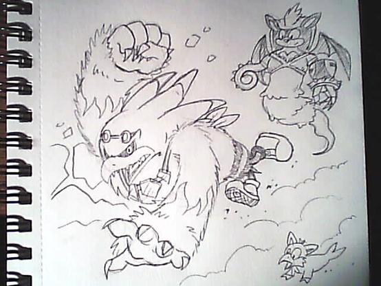 Ah jeez, ok, here we go. There's a creature barreling forward with Storm's head and necklace, Sonic the Werehog's arms and teeth, and Charmy's wings and lower body. Behind it is something with Mighty's head, Chip's hair, Rouge's wings, Omega's left arm, Espio's tail as a right arm, Elise's body and the tail of La, the ghost from the Werehog short. Next to them is an amalgamation of all the small animal friends.