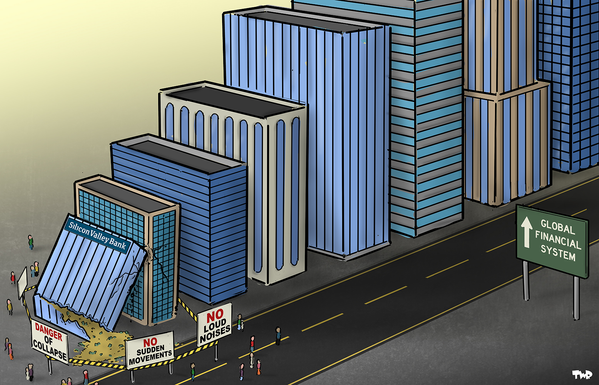We are witnessing the break, bust and fall over of a smaller city tower building with the sign of 
[Silicon Valley Bank]
onto other taller buildings that get taller as we witness them along the GLOBAL FINANCIAL SYSTEM road, behind the signs 
DANGER OF COLLAPSE
NO SUDDEN MOVEMENTS
NO LOUD NOISES