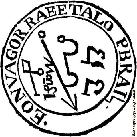 Occult symbols (and some garbvles Hebrew and maybe Greek) in a circle surrounded by gibberish in an ourter ring, EONVAGORRAEETALO PBRATL which looks like an anagram for A Portabello Engraver!