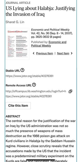 A screencap of the JSTOR abstract of the article described and linked above. The article is titled “US lying about Halabja: justifying the invasion of Iraq” by Sharat G. Lin in the journal Economic and Political Weekly.