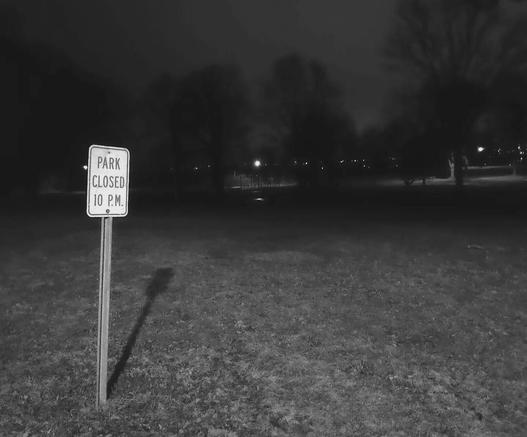 Black and white picture of foggy, vacant park at night
