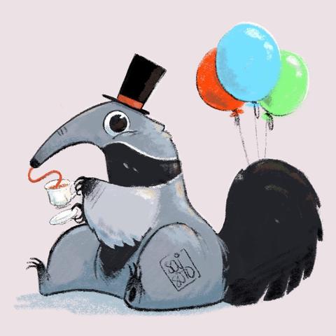 An anteater having a tea party with balloons of diferentes colors and a top hat. Practice with colors and light