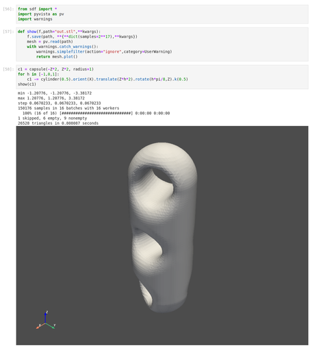 Jupyter Lab screenshot showing 3D model output of

c1 = capsule(-Z*2, Z*2, radius=1)
for h in [-1,0,1]:
    c1 -= cylinder(0.5).orient(X).translate(Z*h*2).rotate(h*pi/8,Z).k(0.5)

along with boilerplate to show static 3D render with pyvista. The model is a rounded vertical capsul with three horizonal and slightly rotated holes in it.