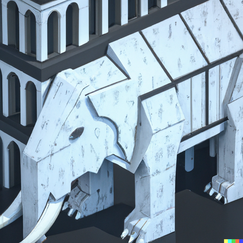 A digital 3D model of a building in the shape of a Mastodon. Cold colours.