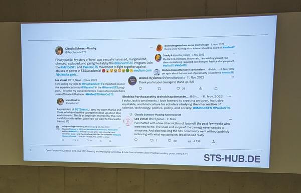A PowerPoint presentation showing screenshots of Twitter posts with the # metoosts