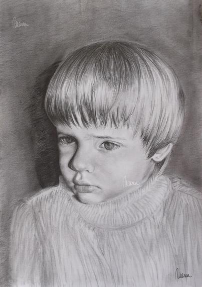 Portrait of a blond little boy, pouting. Graphite pencils on paper, 30x42 cm