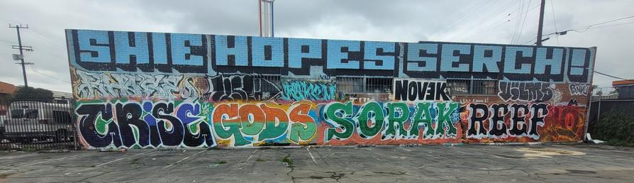 A long wall with many colorful tags in bright colors. The alphabets on duke of them are very creative, including hints of art nouveau and old west.